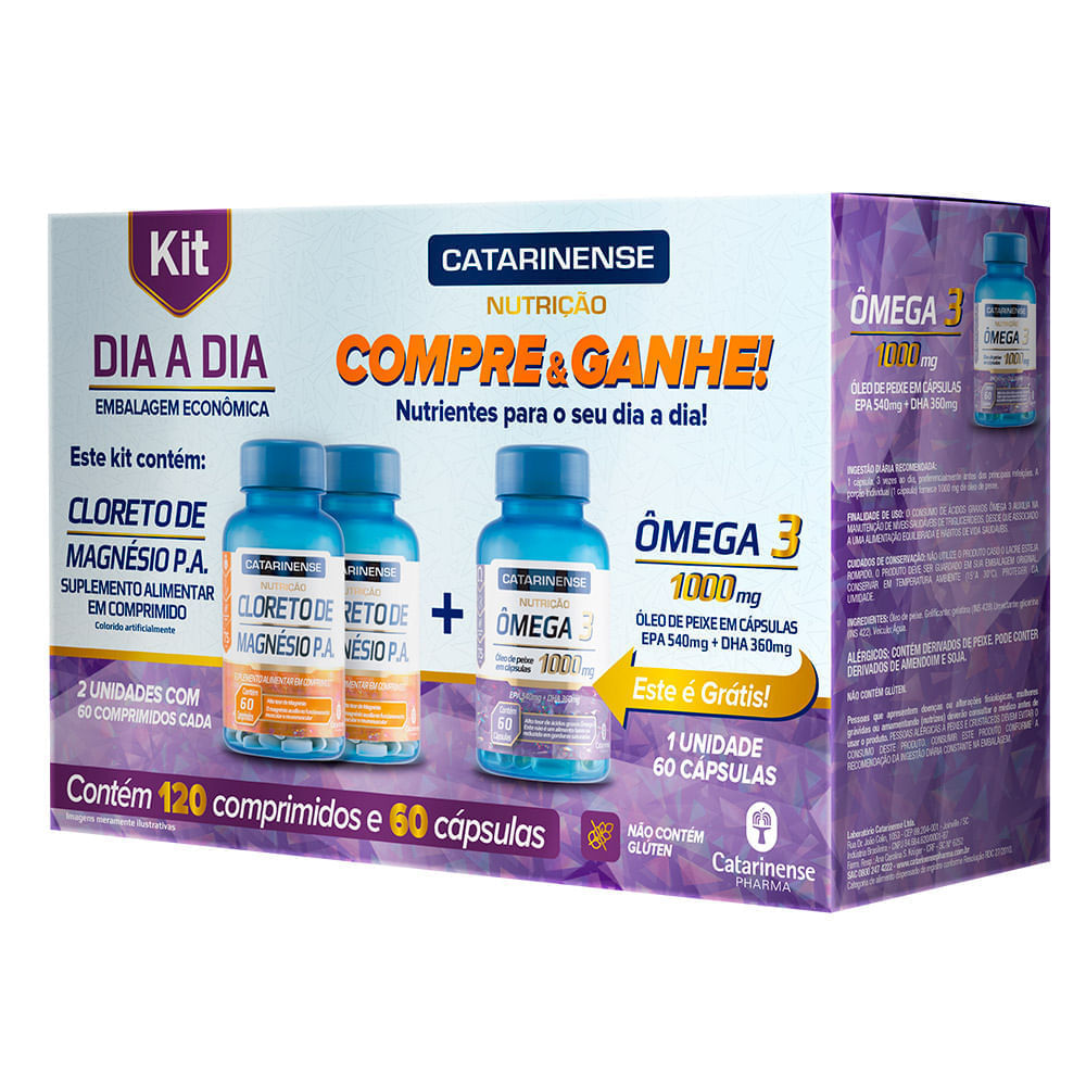 Kit Nutrição Dia A Dia Cloreto De Magnésio Com 120 Comprimidos + Omega 3 Com 60 Cápsulas