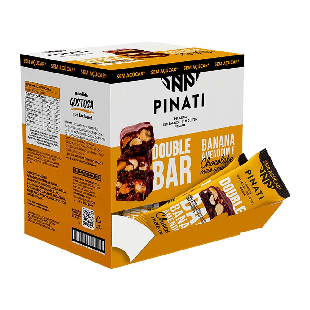 Barra De Nuts Banana E Amendoim Cobertura Chocolate Meio Amargo Sem Açúcar Zero Lactose Super Saúde Pinati Double Bar Pacote 35g