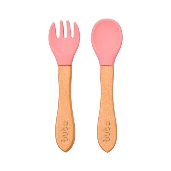 Colher + Garfo Silicone E Bambu Buba Rosa