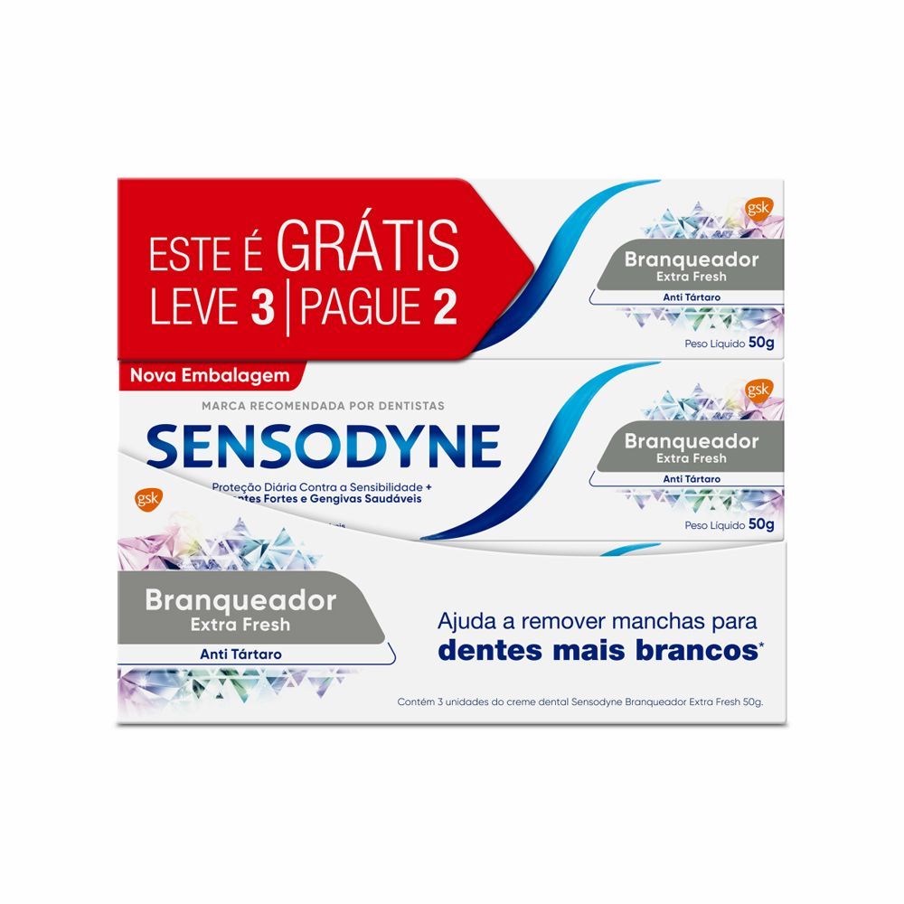 Sensodyne Branqueador Extra Fresh Pasta De Dente Para Dentes Sensíveis 50g - Kit Leve 3 Pague 2