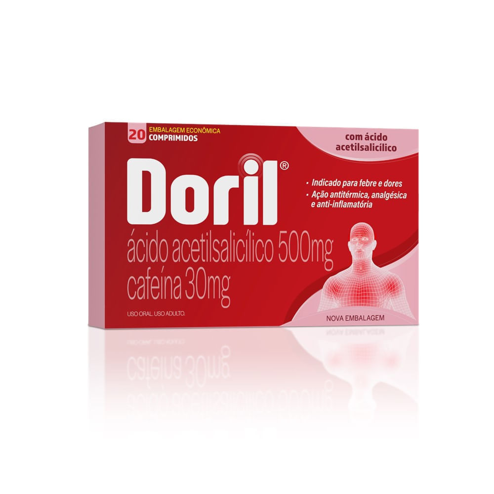 Analgésico Doril Ácido Acetilsalicílico 500mg + Cafeína 30mg 20 Comprimidos